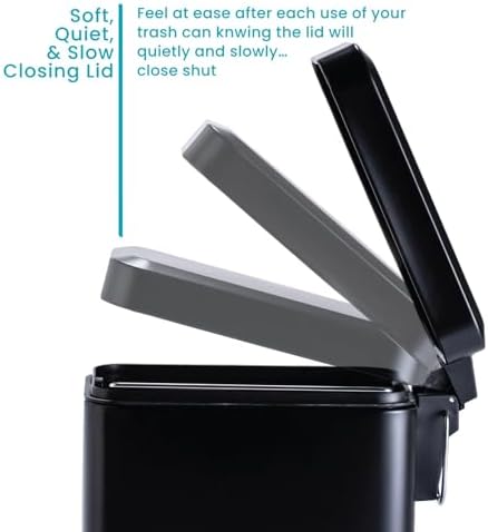 Home Zone Living 3-Pack 1.3 Gallon Small Black Bathroom Trash Can with Lid and Step Pedal, Stainless Steel Wastebasket with Slim Design for Home and Office, 5 Liters