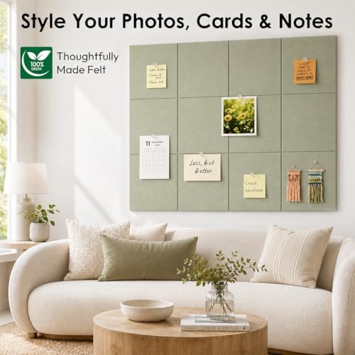 SIOLOC Felt Bulletin Board Tiles, 12 Pack Sage Green Cork Board Alternative for Walls, Felt Wall Tiles, 48 x 36 in Large Push Pin Board for Home Office Classroom Dorm Decor