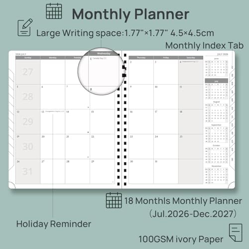 POPRUN 2026-2027 Monthly Planner, Large 8.5" x 10.5", 18 Month Calendar