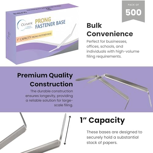 OLYMPX 500 Pcs of 1” Capacity Premium Metal Prong Paper Fastener Bases, 2.75 Inch Base for Paper File Clip Folder Accessories, Pack of 5 Boxes, 100 Bases per Box