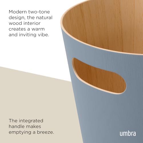 Umbra Woodrow Trash Can, Wooden Wastebasket, 2 Gallon, Slate Blue