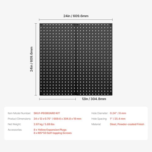 VEVOR Metal Pegboard Panels, 24" x 12" Pegboard, 2 Panels, Heavy Duty Steel Peg Board Wall Organizer, for Living Room Garage Tool Storage Workbench Office Organization Craft Room Kitchen Home, Black