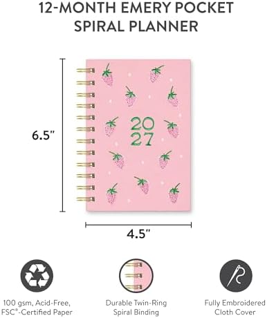 Orange Circle Studio 2027 Berry Bliss Emery Pocket Planner, 12-Month Weekly & Monthly Calendar, Spiral Bound 4.5 x 6.5 In, Pink Embroidered Cover, Compact Daily Planner Notebook for Women, Travel Size