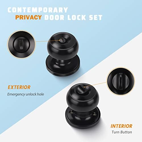 KNOBWELL Black Interior Door Knob - Privacy Bedroom & Bathroom Knobs, Keyless Round Locking Knob with Lock, Matte Black Door Handle, 8 Pack