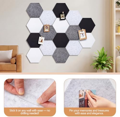 12x10 in 16 Pcs Hexagon Cork Board Tiles, Felt Pin Boards, Grey
