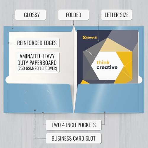Better Office Products 2 Pocket Glossy Laminated Light Blue Paper Folders, Letter Size, Lt. Blue Paper Portfolios Box of 25 Light Blue Folders
