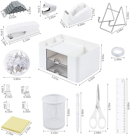 White Desk Organizers and Accessories 12+1Pcs, Office Supplies for Desk, Pen Organizer with 2 Drawers with Stapler,1000 Staples, Phone Holder, Tape Dispenser, Pen Holder, Sticky Note,Clips,Ruler,Etc