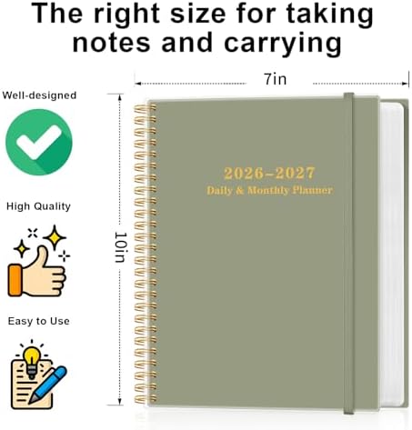 Daily Planner 2026-2027 - July 2026 to June 2027, 7" x 10", Green
