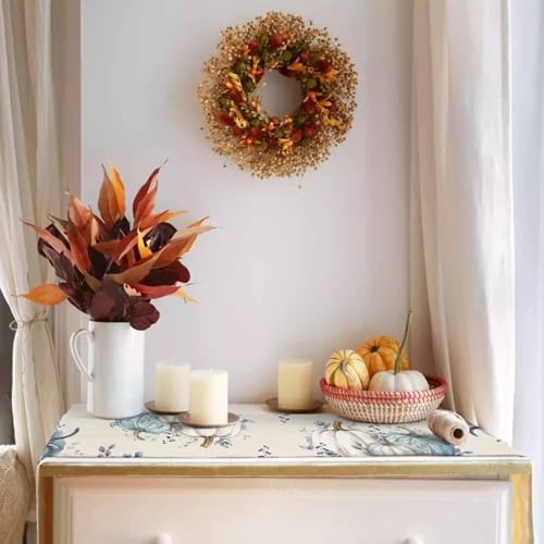 Fall Pumpkin Table Runner Dresser Scarf 13 x 70 Inch White Blue Leaves Rustic Table Runners Non-Slip Heat Resistant Kitchen Dining Table Decor for Autumn Thanksgiving Holidays Indoor Outdoor