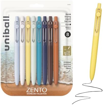 uniball™ Zento Gel Pens, Black Ink, 0.7mm Medium Point, Retractable, 8 Count, Smooth Writing, Quick-Drying, No Smear, No Bleed, Shoreline Barrel Colors