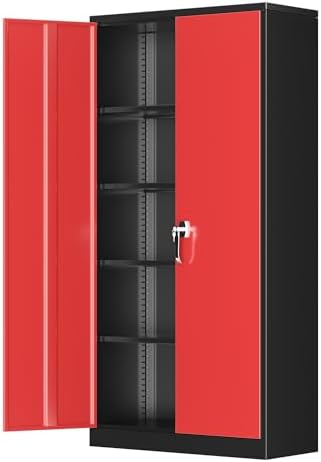 Greenvelly Metal Garage Storage Cabinet with 2 Doors and 4 Adjustable Shelves, 72”H Steel Lockable Storage Cabinet,Tall Metal Cabinet Locking File Cabinet for Office,Home, Garage, Gym, School