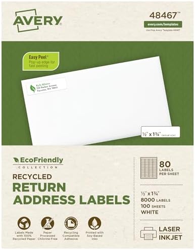 Avery® EcoFriendly Recycled Return Address Labels, 1/2" x 1-3/4", White, Permanent Label Adhesive, 8,000 Printable Labels (48467)