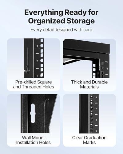 VEVOR 15U Open Frame Server Rack, Free Standing or Wall Mount Rack with 180 Degrees Gate Swing, Network Rack for 19" IT Equipment & A/V Devices