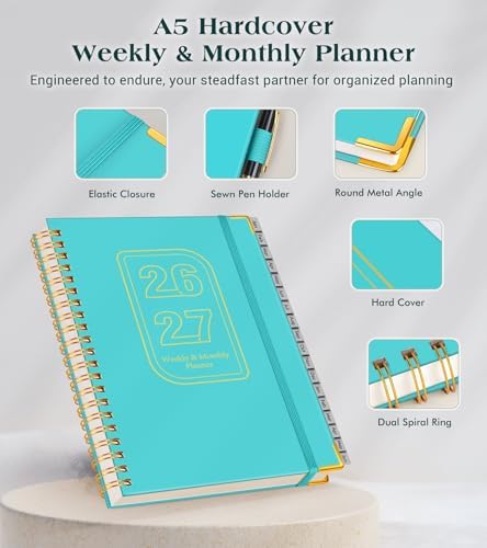 Academic Planner 2026-2027, Weekly and Monthly Hardcover Planner, July 2026 - June 2027, 5.75" x 8.38" A5 Large Daily Calendar Planner Book with Tabs, Spiral Yearly Agenda Organizer Notebook for School Work Home, Aquamarine