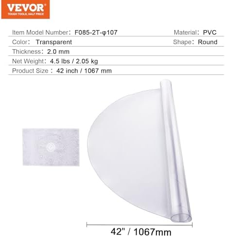 VEVOR Plastic Table Cover, 42 x 42 Inch 2.0 mm Thick Clear Round PVC Desk Mat Protector, Waterproof & Easy Cleaning Desk Pad Tablecloth, for Office, Dresser, Dining Room, Night Stand