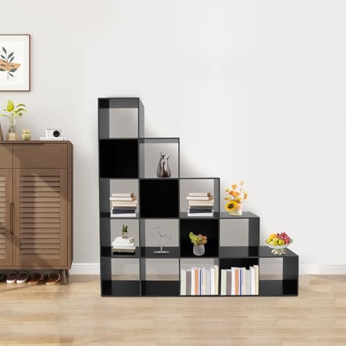 5-Tier Stepped Bookshelf, 15 Cube Storage Organizer, Freestanding Ladder Bookcase, L-Shaped Corner Shelf, Room Divider Shelf, 57.5" Tall Modern Display Shelf for Home Office Living Room