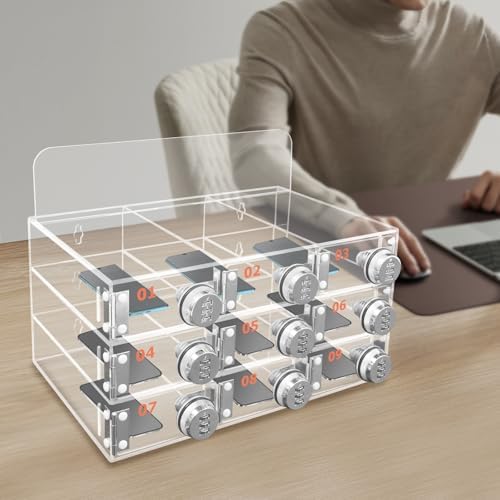 Cell Phone Locker Box,9 Slots Cell Phone Storage Locker, Clear Acrylic Storage Cabinet Wall Mounted for School Factory Office