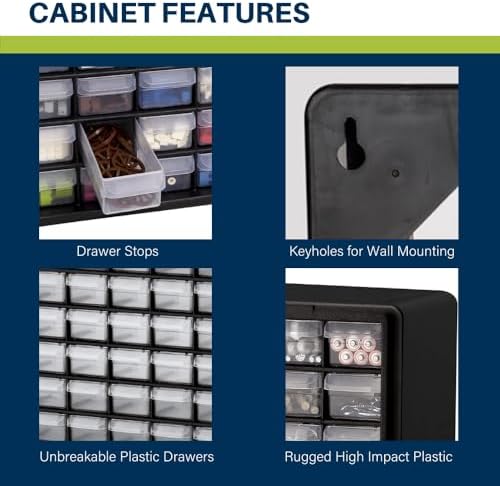 Akro-Mils 64-Drawer Plastic Drawer Storage Cabinet for Garage Organization, Bead Organizer, Building Bricks Storage, Teacher Toolbox, Makeup Organizer, 20-Inch W x 6-Inch D x 16-Inch H, 10164 Red