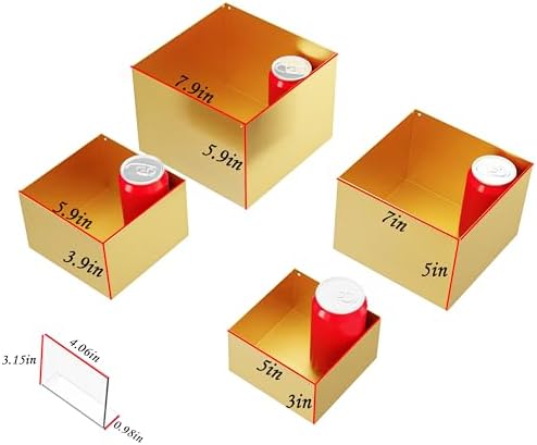 Metal Buffet Risers,4PCS Food Risers for Buffet Table 5in to 8in Display Stand with Mini Acrylic Signs for Catering Dessert Collectibles Jewelry Figures Show Gold Cube Boxes Nesting Risers with Hollow Bottoms