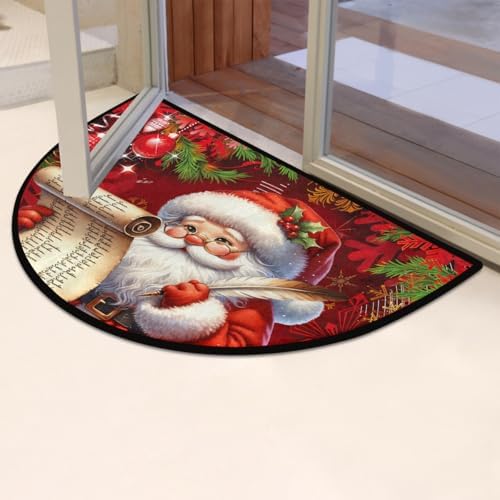 Christmas Santa Xmas Half Round Door Mat Non Slip Washable Semi Circle Area Rug Absorbent Soft Half Moon Rug Floor Mat for Indoor Outdoor Kitchen Bathroom Patio Front Door Mat Decor