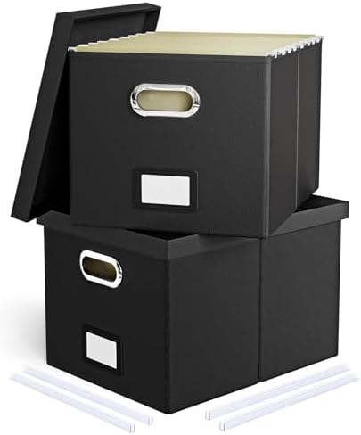 2 Pack File Storage Organizer Box, Portable Filing With Lid, Fit for Letter/Legal Folder Storage, Black (Leather)