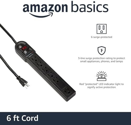 Amazon Basics Surge Protector Power Strip, 6-Outlet, 790 Joules, Circuit Breaker, LED Indicator Light, 6ft Extension Cord, Black