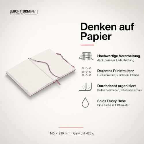 LEUCHTTURM1917 - Notebook Hardcover Medium A5-251 Numbered Pages for Writing and Journaling - Thinking Ahead (Dotted Paper, Dusty Rose)