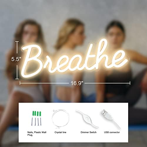 Breathe Neon Sign for Wall Decor by 5V USB Powered, Neon Breathe Signs with Dimmer Switch for Home, Yoga Studio Bedroom Readingroom, Lounge Wall Decoration Size 17x6 inches Warm White Yoga Studio Decor