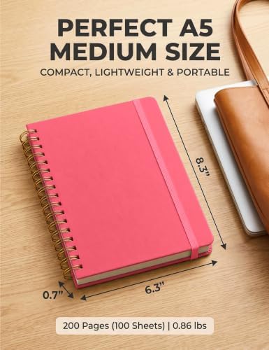 5 Pack Hardcover Spiral Notebooks, 8.3" x 6.3" Lined Journal Set, 100 GSM Bleed-Resistant Paper, 200 Pages Twin-Wire Bound Notebook with Elastic Band & Category Stickers for Office, School