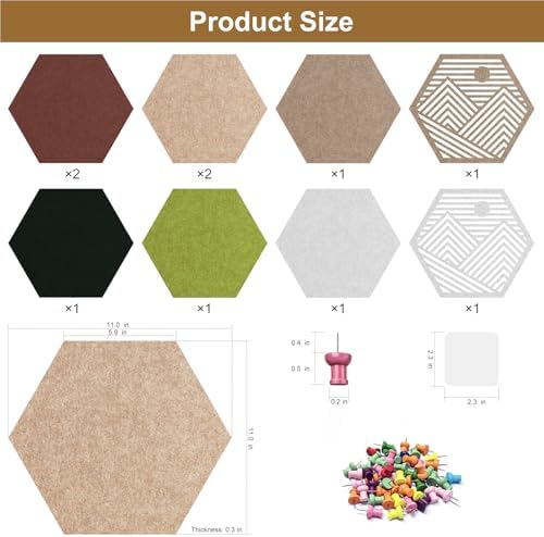 10PCS 11.8" Large Hexagon Felt Cork Board Tiles, Geometric Modular Bulletin Boards with 50 Pushpins, 35 Adhesive Tabs for Office School Home Wall Decor Stickers Memos Photos Display (Hexagon)