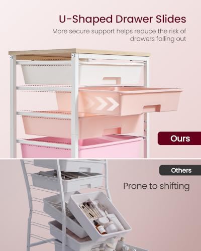 VASAGLE Rolling Cart with Drawers,5 Drawers Storage Cart, Pink