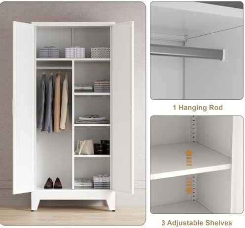 Washsemba 71'' Farmhouse Metal Wardrobe Cabinet with Hanging Rod, 2 Barn Door Wardrobe Closet with 5 Adjustable Shelves,Drawer,for Dining Room,Bedroom,Living Room, Cloak Room,Office (White)