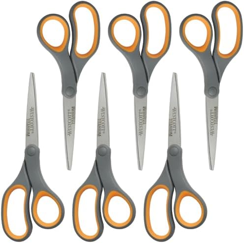 Westcott Titanium Bonded Scissors, Soft Handle, 8", Straight, Gray/Yellow, 6-Pack