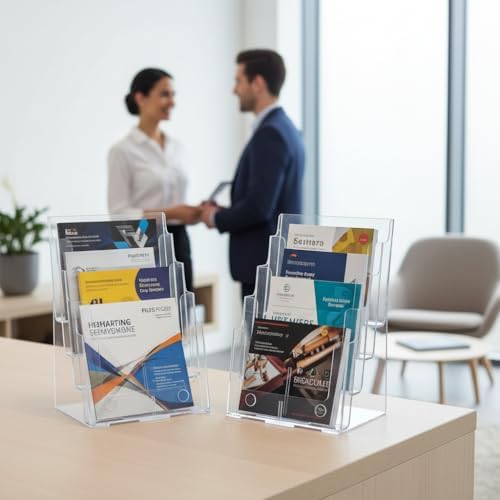 Azar Displays 252376-2PK Four Tier, Four Pocket Letter Brochure File Holder for Flyer, Office Supplies, Paper Document or Magazines, Clear Organizer for Wall and Counter Desktop Stand, 8.5" x 11" (2-Pack)
