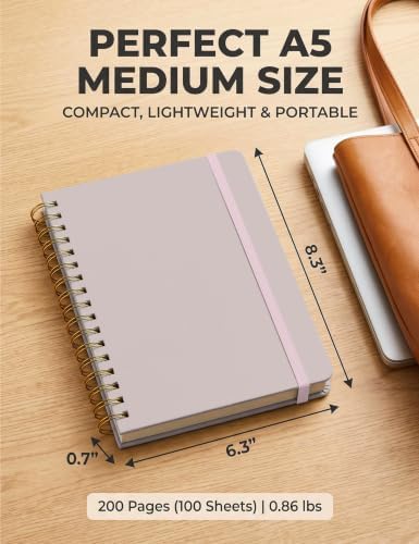 5 Pack Hardcover Spiral Notebooks, 8.3" x 6.3" Lined Journal Set, 100 GSM Bleed-Resistant Paper, 200 Pages Twin-Wire Bound Notebook with Elastic Band & Category Stickers for Office, School