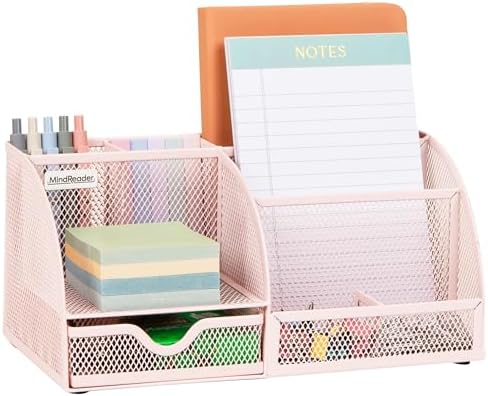 Mind Reader 7-Compartment Desktop Organizer, Metal Mesh Desk Organizer for Pens, Sticky Notes, Mail and Office Supplies, Pink