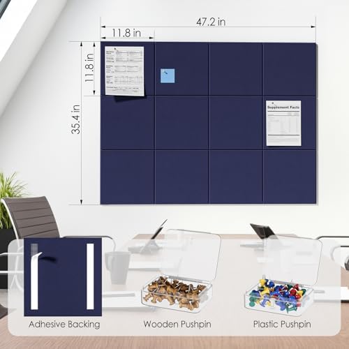 MaxGear Felt Bulletin Board 48" x 36", Dark Blue Felt Wall Tiles Wall Decor