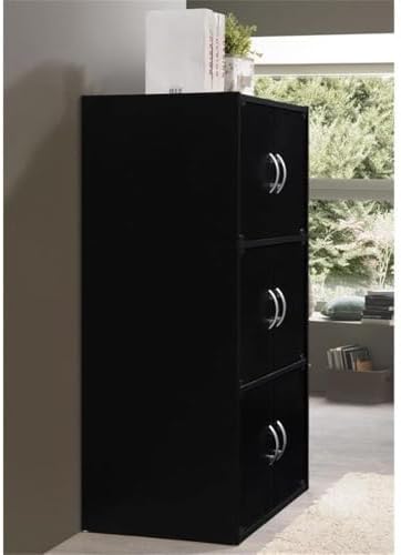 Pemberly Row 3 Shelf 6 Door Bookcase, 41 in H x 23.4 in W x 15.5 in D, Wood Construction, Black Finish, Slim Vertical Bookshelf, Multipurpose Organizer for Home Office, Bedroom, or Kids Room