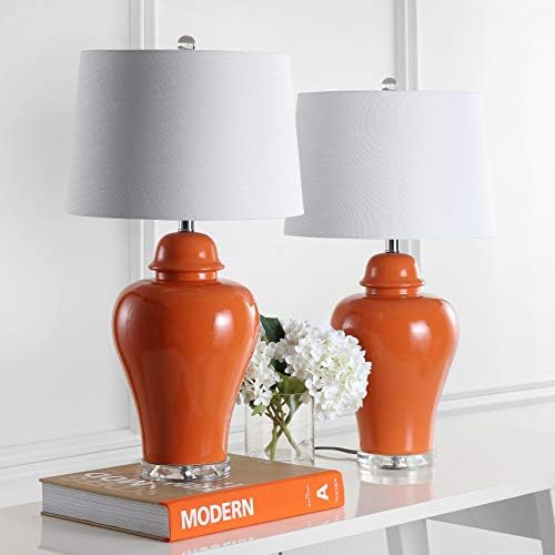 JONATHAN Y Winnie Ceramic Urn LED Table Lamp 27" Bedside, Orange, Set of 2