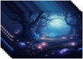 Batmerry Night Forest Glowing Elements Linen Placemats Set of 8, Mysterious Night Forest Scene Washable Table Mats for Kitchen Table Thickened Heat Insulation Dining Set Indoor Outdoor 12X18 in
