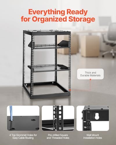 VEVOR 16U Open Frame Server Rack & Network Rack, Wall Mounted or Floor Standing, Heavy Duty 4 Post, with 2PCS Vented 1U Shelves & Mounting Hardware, Holds All 19'' Networking IT Equipment AV Gear