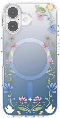 PopSockets iPhone 16 Phone Case with MagSafe, Wireless Charging Compatible, Disney - Boho Wildflowers Blue