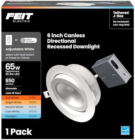 Feit Electric 6in LED Canless Directional Recessed Downlight, 65W Eq, 5CCT