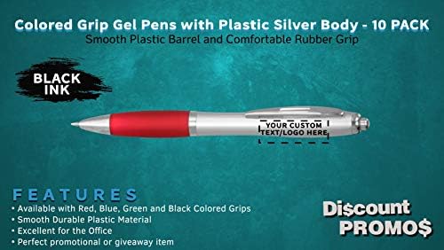 DISCOUNT PROMOS Custom Colored Grip Gel Pens Set of 10, Personalized Bulk Pack - Great for Office, School, Business, Tradeshows, Events - Red