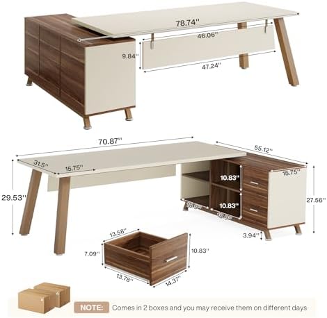 Tribesigns 78.7-Inch Executive Desk, L-Shaped Desk with 55-Inch Cabinet, Large Office Desk with Storage Shelves, Modern Computer Desk for Home Office, White & Walnut