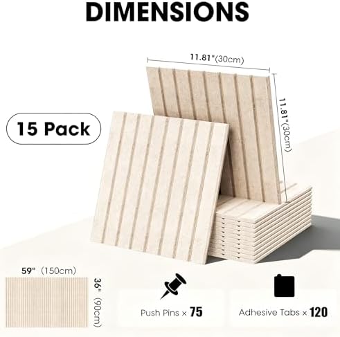 Large Cork Board for Walls 59" x 36",15 Pack 12"X12"Felt Bulletin Board Tiles with 120 Adhesive Tabs,Cork Board Alternative for Office Decor, Push Pin Board Wall Organizer-Oatmeal