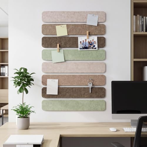 Thboxes 8 Pack Felt Bulletin Board Strips, 13x2 Inch Pin Boards with 50 Pushpins and 10 Wooden Clips Push Pins, Cork Board for Walls Home Office Decor, 24 Adhesive Tabs Included