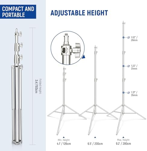 NEEWER 2Pcs 9.2ft Stainless Steel Light Stands, Spring Cushioned Heavy Duty Photography Tripod Stand with 1/4"-3/8" Adapter for Strobe Video Ring Light Monolight Softbox, 22lb Max Load, ST-280SS