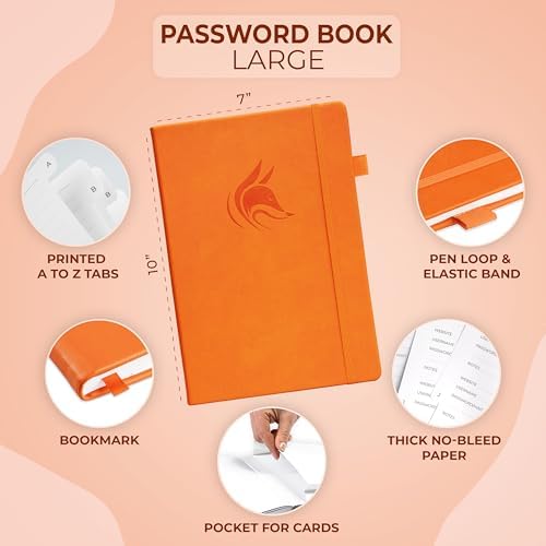 Clever Fox Password Book with Alphabetical Tabs, 7"x10" Keeper Orange
