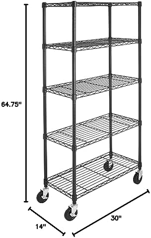 Amazon Basics 5-Shelf Heavy Duty Garage Shelving Storage Rack with 4" Wheel Casters, Adjustable Metal Wire Organizer, 300 lbs Per Shelf, 30" x 14" x 64.75", Black